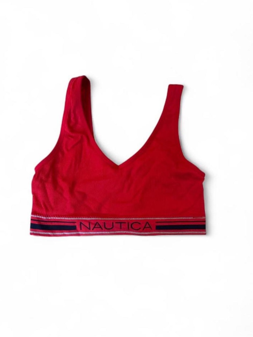 Nautica Red Ribbed V-Neck Sports Bralette with Logo Band